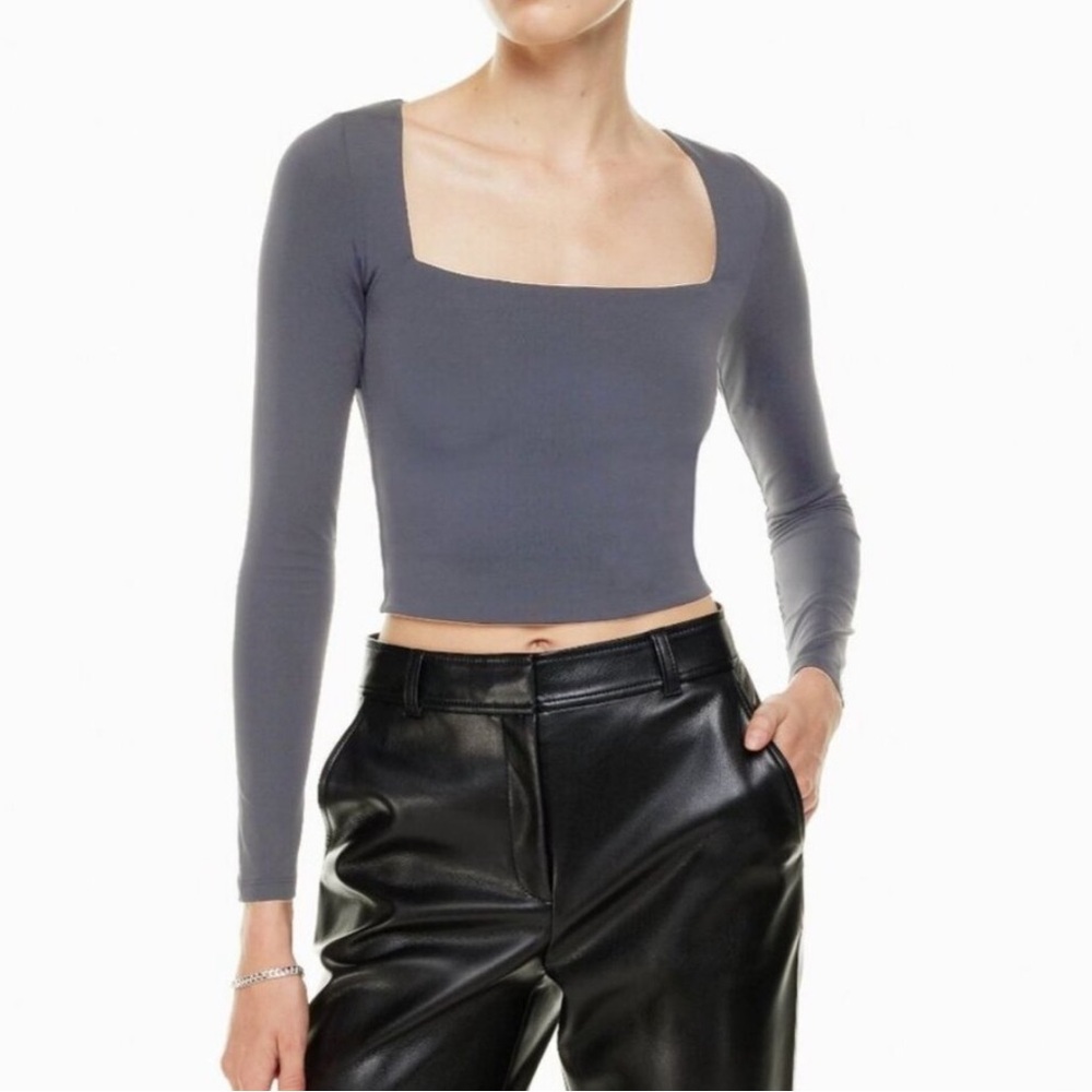 Babaton Contour Cropped Gray Square Neck Long Sleeve Top Small